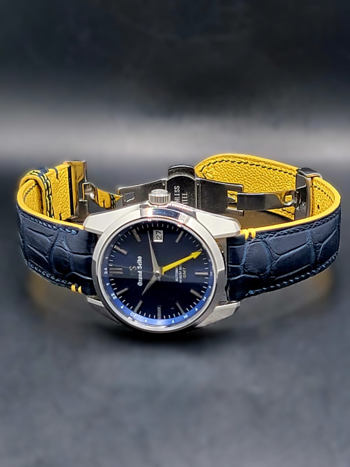 CUSTOM PREMIER LIMITLESS MOD (GRAND SEIKO HERITAGE GMT) ROYAL BLUE DIAL, CUSTOM HANDMADE LEATHER BAND WITH BUTTERFLY CLASP, NH34GMT AUTOMATIC NEW **IN STOCK, SERIOUS INQUIRIES ONLY PLEASE!**