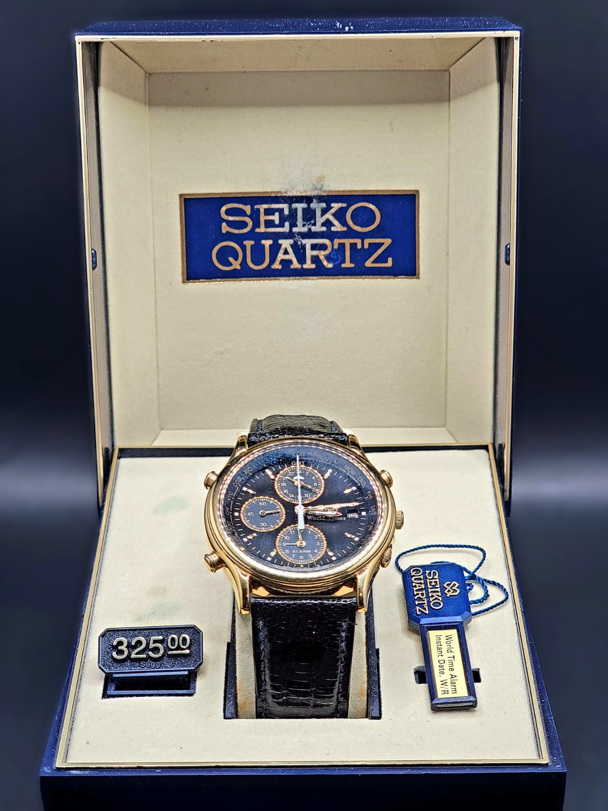 Vintage Rare*** Seiko World Timer Alarm Watch 38mm Sub Dials 5T52-6A38 New Battery