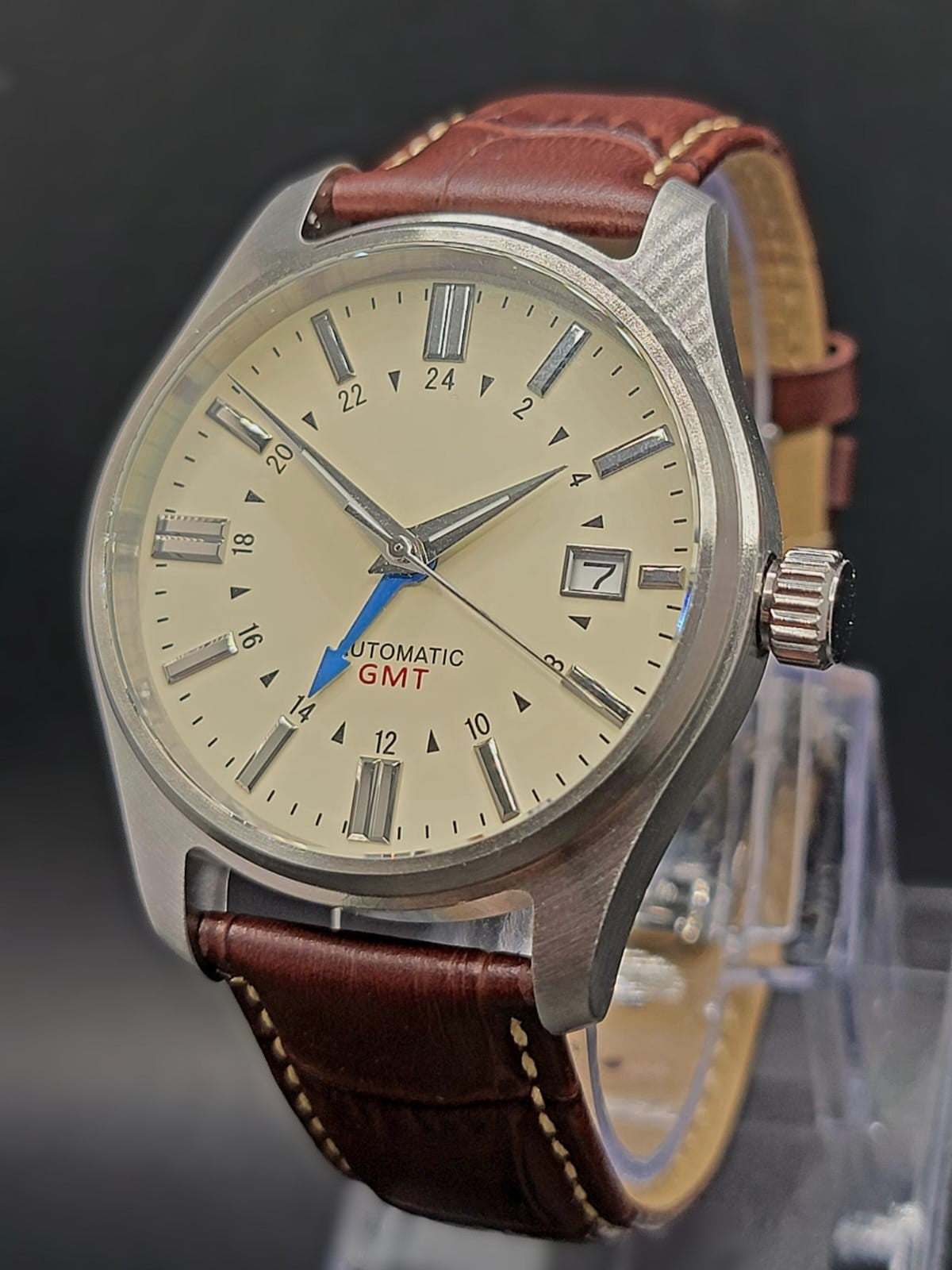 Sterile MOD 40mm Cream Dial GMT - Brown Leather = Sapphire NH34 GMT Automatic Men Watch NEW