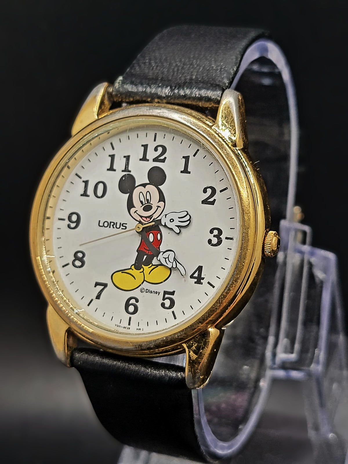 MICKEY MOUSE LORUS DISNEY V501-9B00 QUARTZ WATCH BLACK LEATHER BAND NEW BATTERY