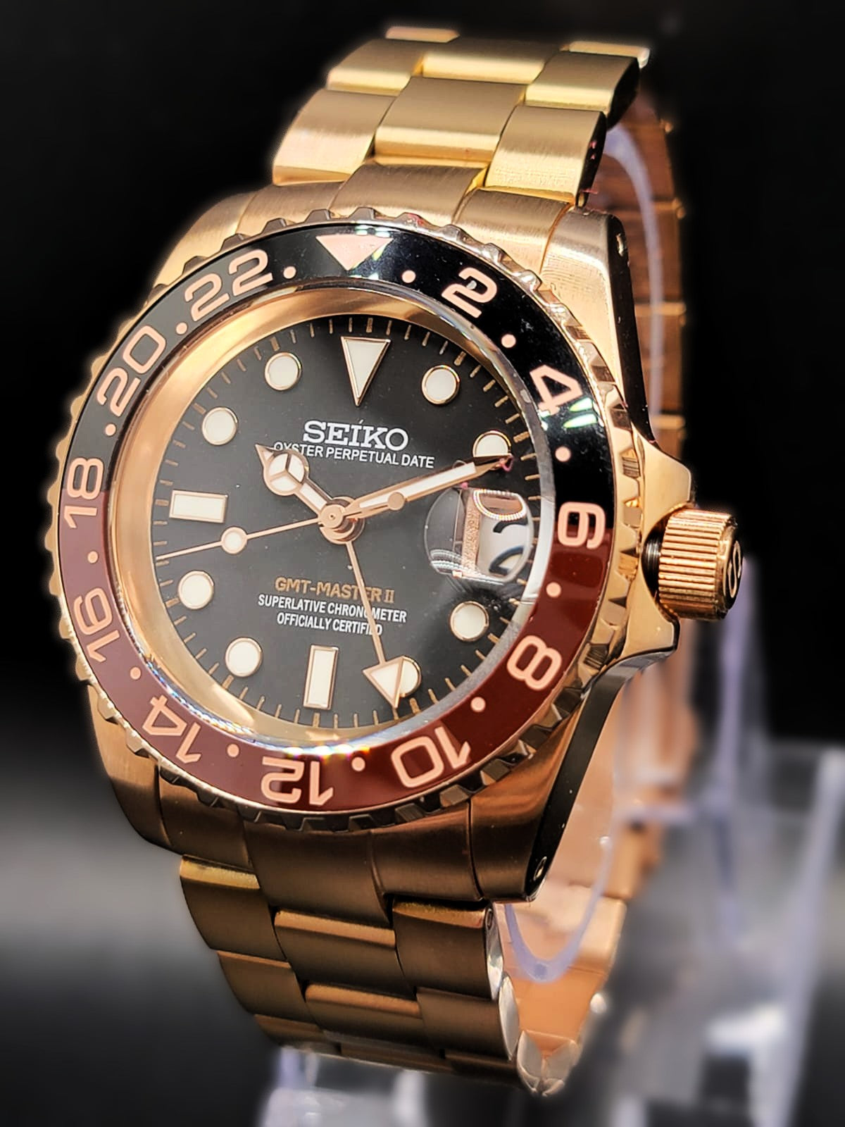 CUSTOM PREMIER MOD (SEIKO ROOTBEER GMT) BLACK DIAL, ROSE GOLD S.S.BRACELET, NH34GMT AUTOMATIC NEW **IN STOCK, SERIOUS INQUIRIES ONLY PLEASE!**