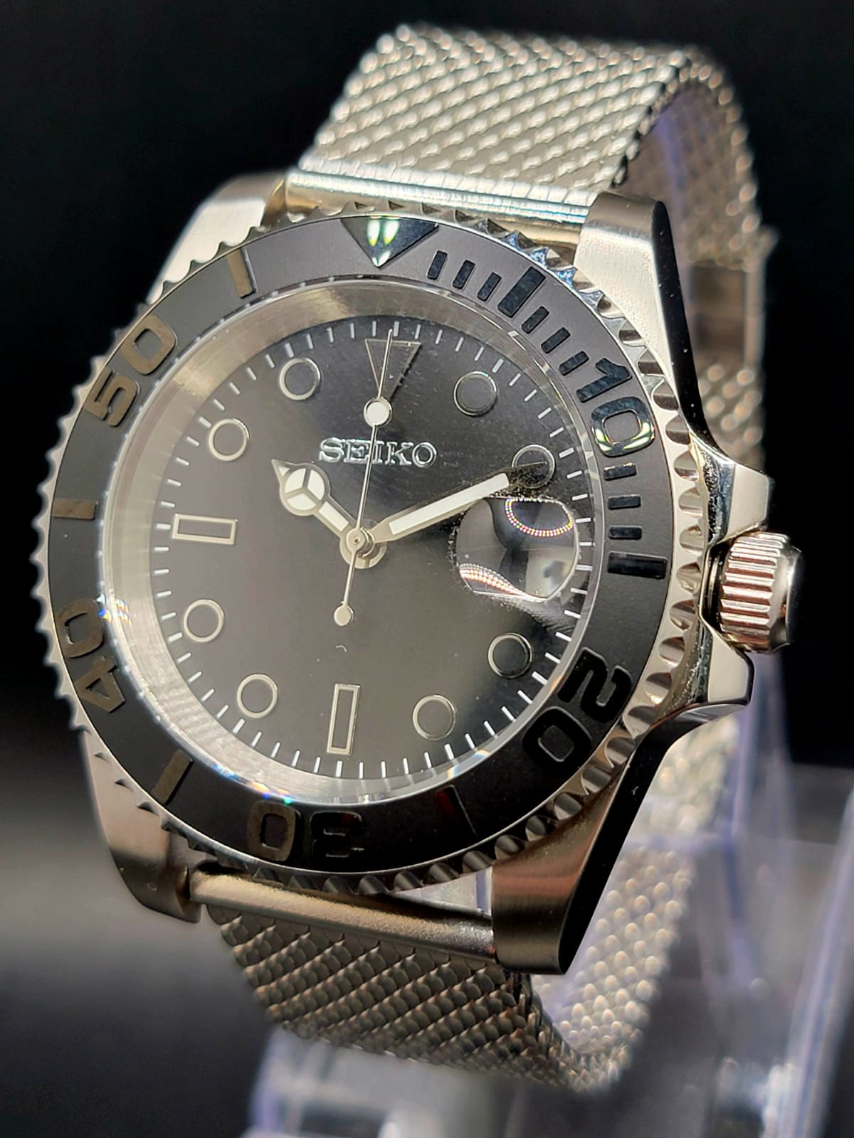 CUSTOM MOD SEIKO BLACK DIAL AND SS MESH BAND NH35 AUTO