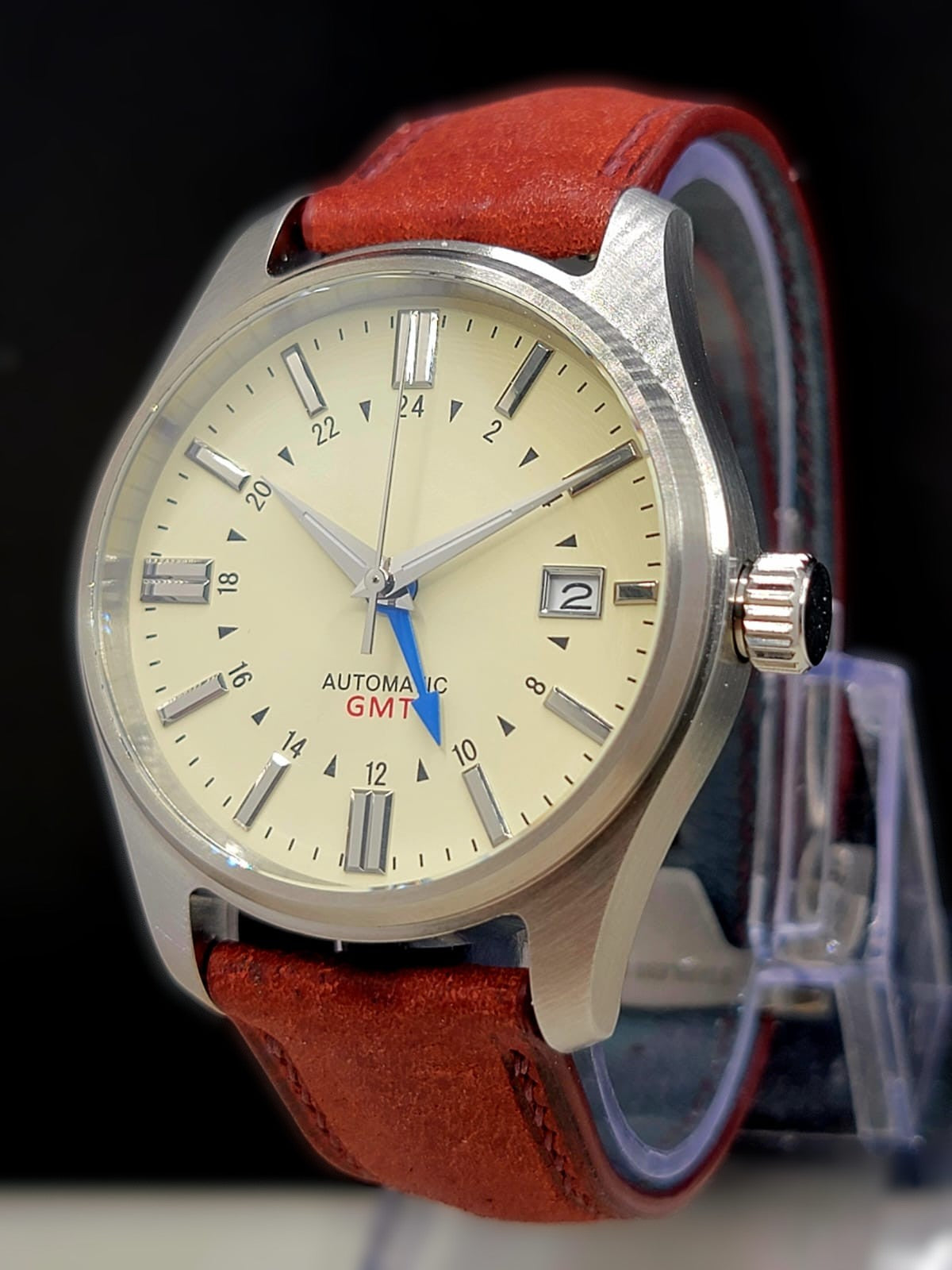 Sterile MOD 40mm Cream Dial GMT **UPGRADED HIGH-QUALITY HAND-MADE LEATHER AND SUEDE BAND**- Sapphire NH34 GMT Automatic Men Watch NEW **INQUIRE FOR PRICING**