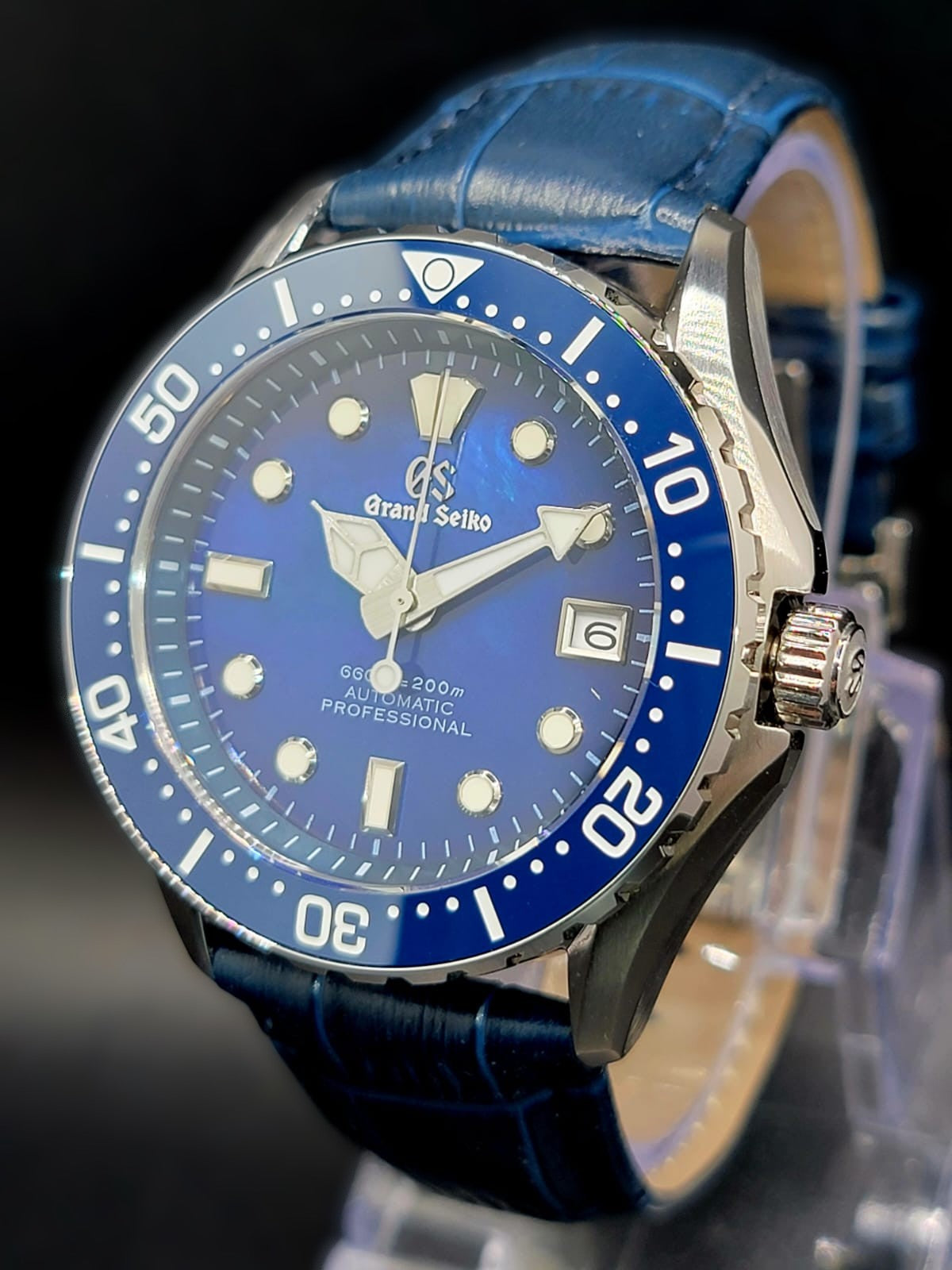 *** BRAND NEW PREMIER CUSTOM MOD 40mm Grand Seiko Sports Collection BLUE MOTHER OF PEARL Mens Watch ON NAVY LEATHER- NH35