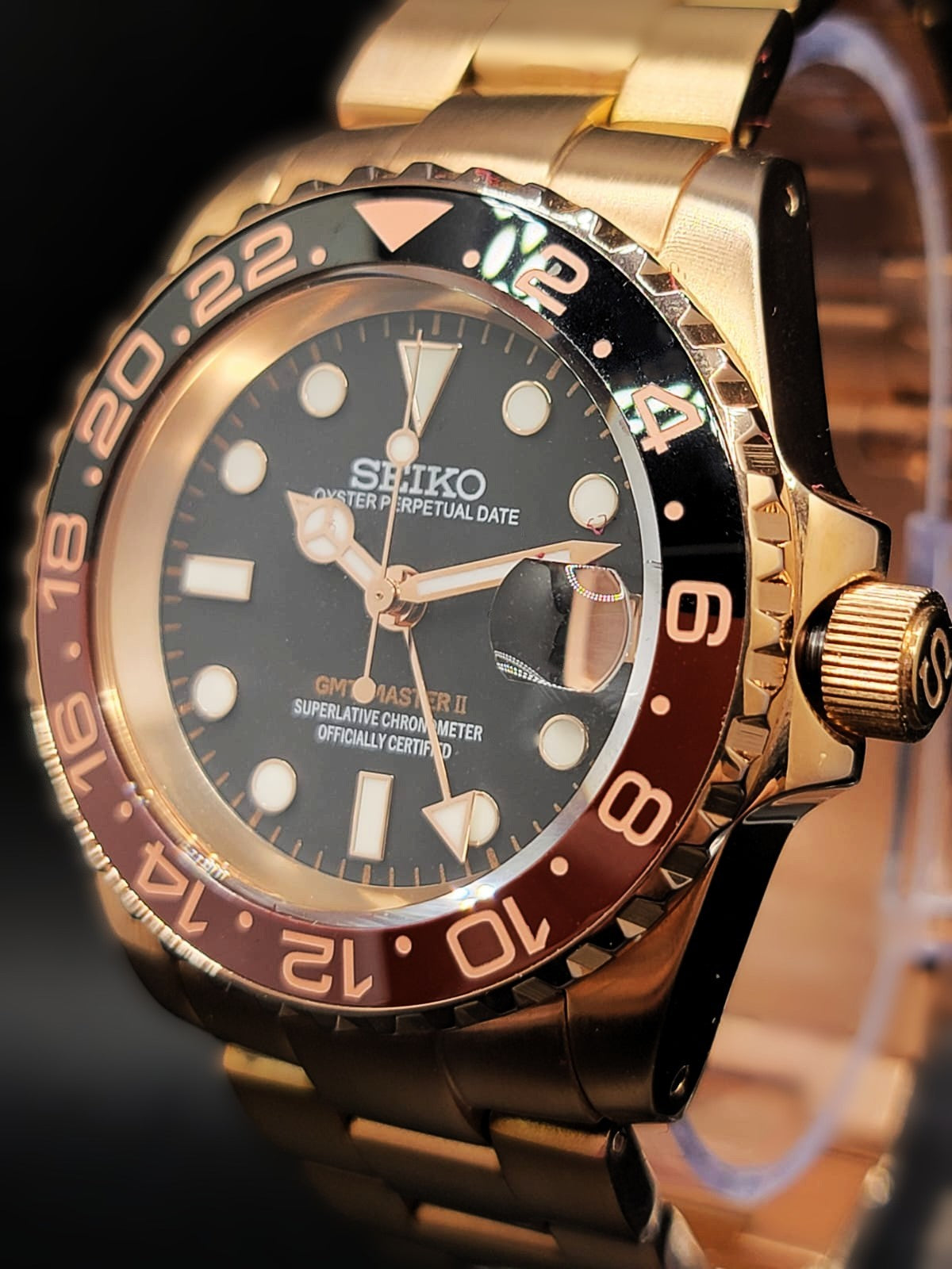 CUSTOM PREMIER MOD (SEIKO ROOTBEER GMT) BLACK DIAL, ROSE GOLD S.S.BRACELET, NH34GMT AUTOMATIC NEW **IN STOCK, SERIOUS INQUIRIES ONLY PLEASE!**