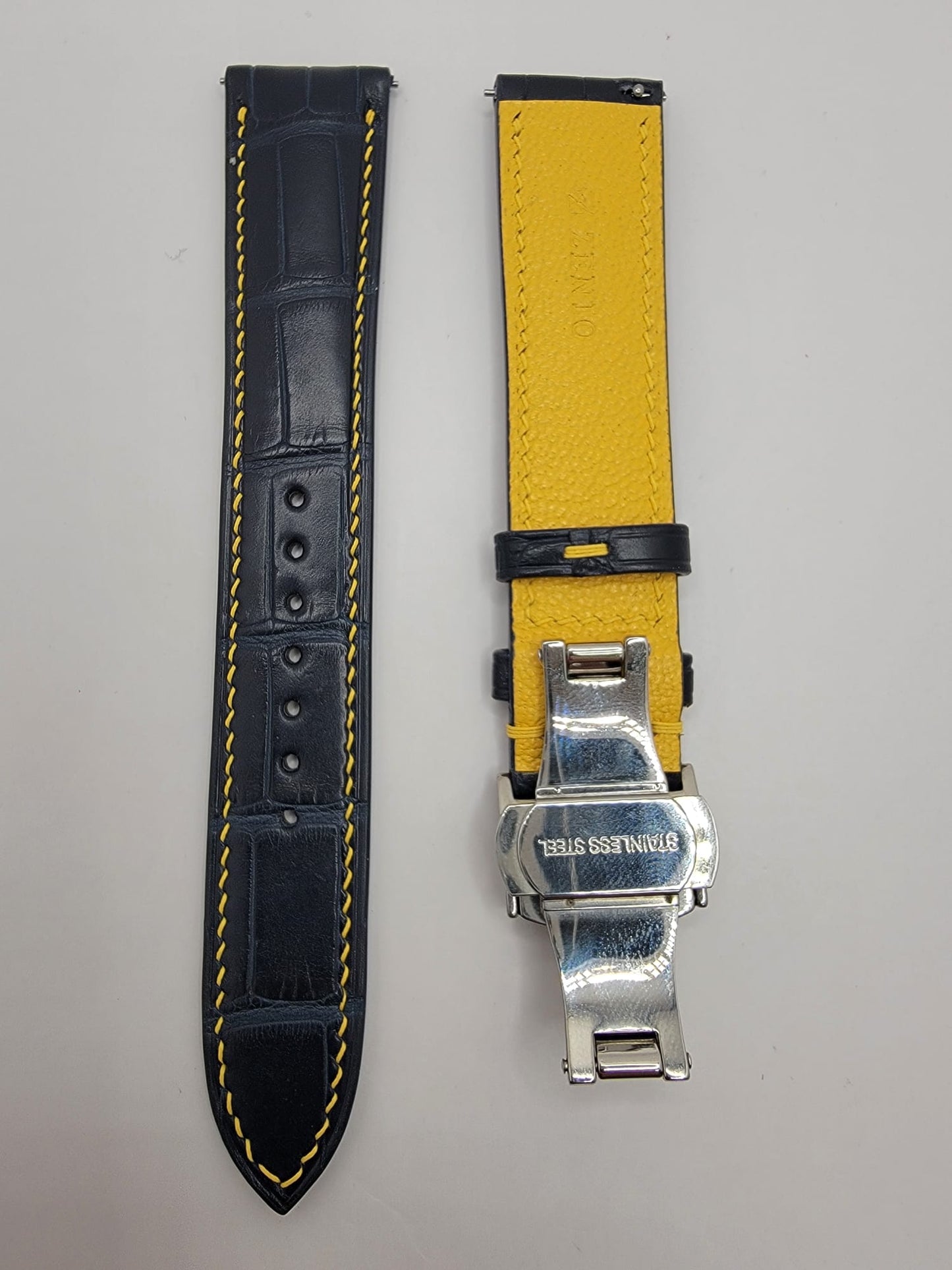 CUSTOM HAND-MADE NAVY CROC WITH YELLOW LINER AND STITCHING - NEW