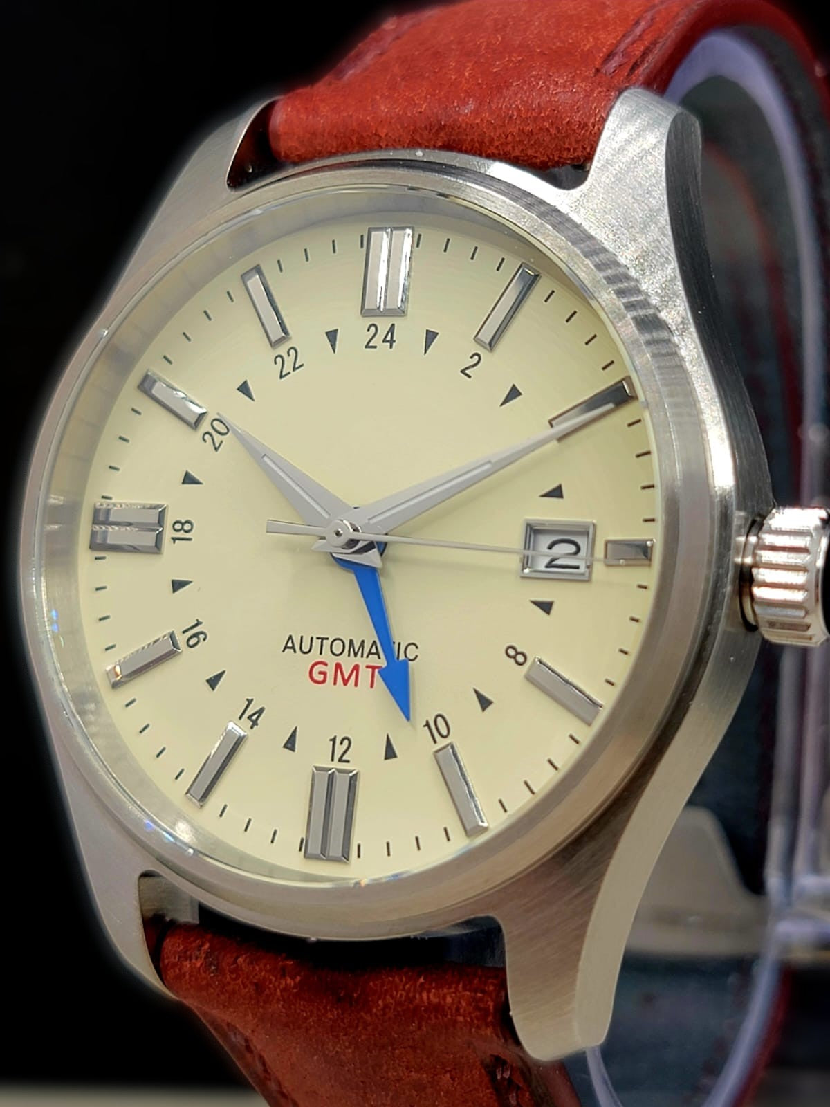 Sterile MOD 40mm Cream Dial GMT **UPGRADED HIGH-QUALITY HAND-MADE LEATHER AND SUEDE BAND**- Sapphire NH34 GMT Automatic Men Watch NEW **INQUIRE FOR PRICING**