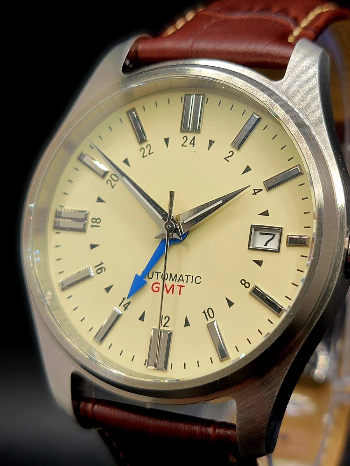 Sterile MOD 40mm Cream Dial GMT - Brown Leather = Sapphire NH34 GMT Automatic Men Watch NEW