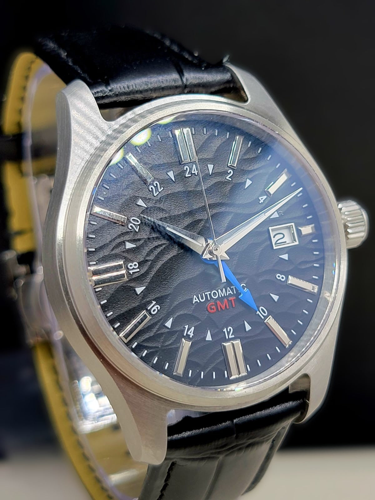 Sterile MOD 40mm Black Dial GMT - Black Leather - Sapphire NH34 GMT Automatic Men Watch NEW
