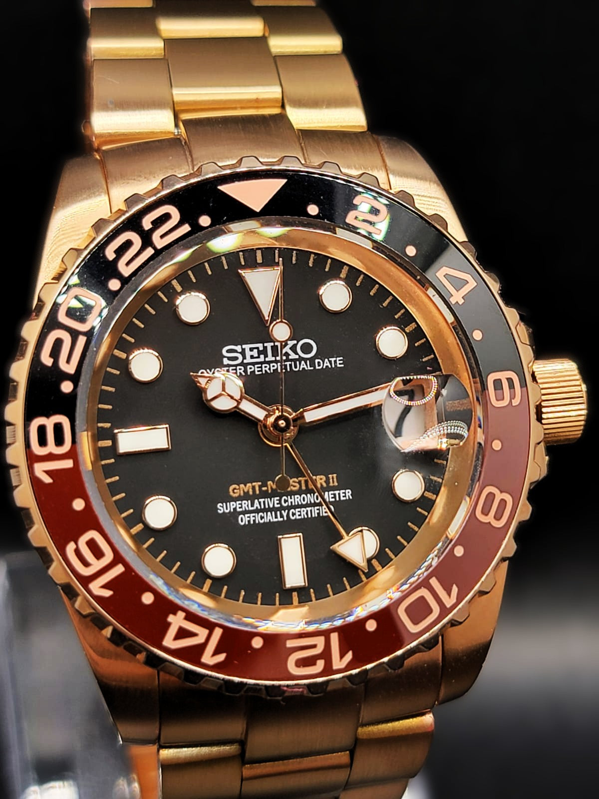 CUSTOM PREMIER MOD (SEIKO ROOTBEER GMT) BLACK DIAL, ROSE GOLD S.S.BRACELET, NH34GMT AUTOMATIC NEW **IN STOCK, SERIOUS INQUIRIES ONLY PLEASE!**