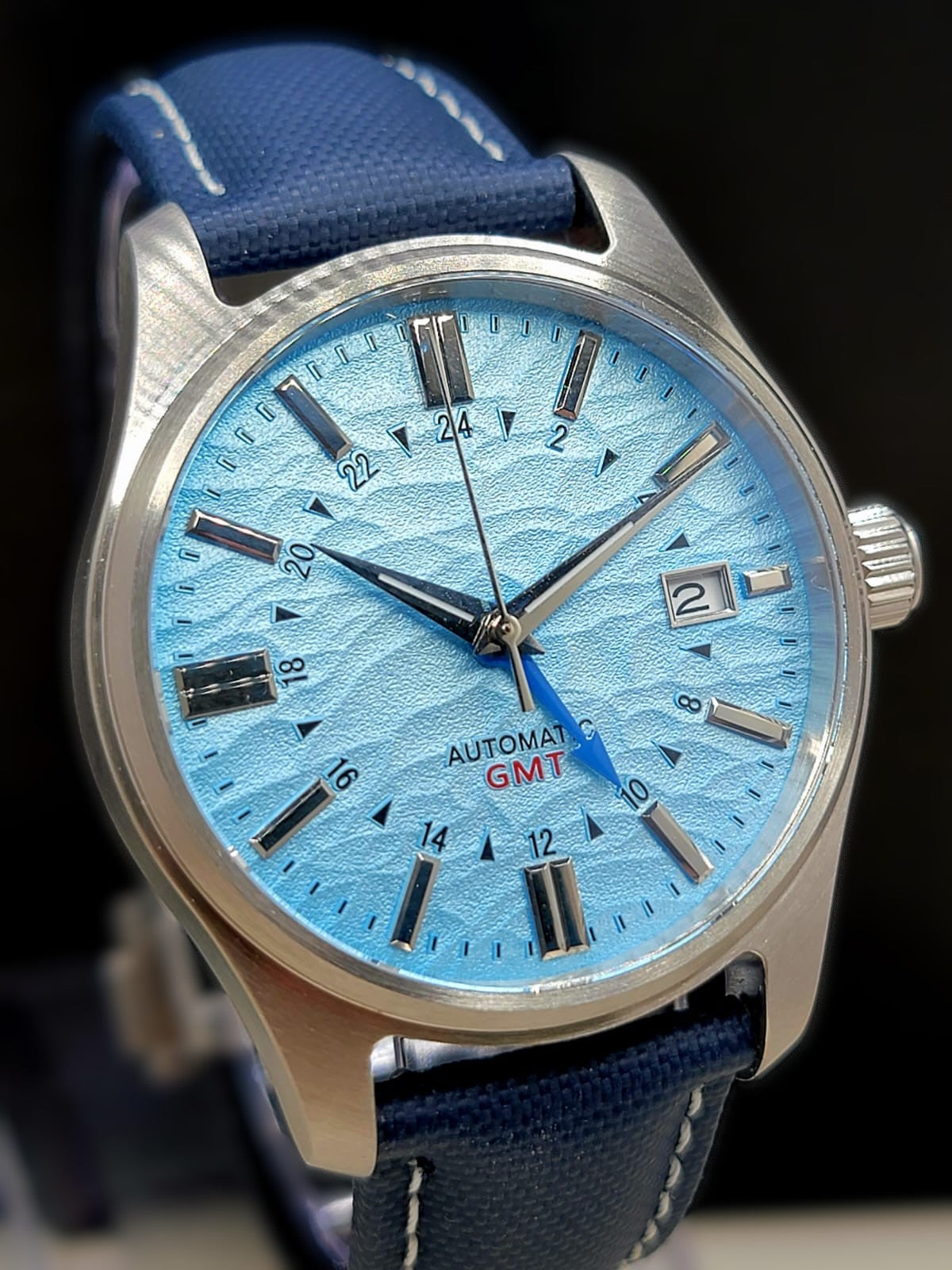 Sterile MOD 40mm Blue Dial GMT **UPGRADED CUSTOM BLUE SAILCLOTH BAND**- Sapphire NH34 GMT Automatic Men Watch NEW **INQUIRE FOR PRICING**