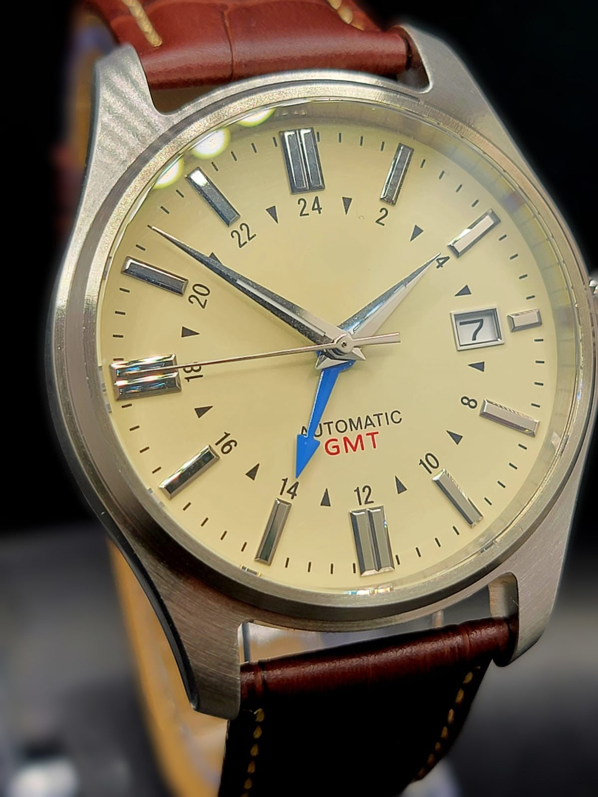 Sterile MOD 40mm Cream Dial GMT - Brown Leather = Sapphire NH34 GMT Automatic Men Watch NEW