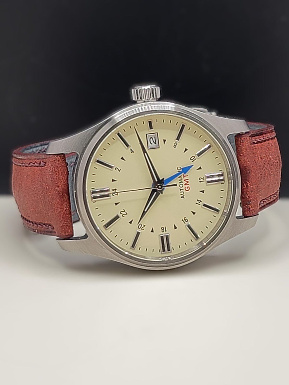 Sterile MOD 40mm Cream Dial GMT **UPGRADED HIGH-QUALITY HAND-MADE LEATHER AND SUEDE BAND**- Sapphire NH34 GMT Automatic Men Watch NEW **INQUIRE FOR PRICING**