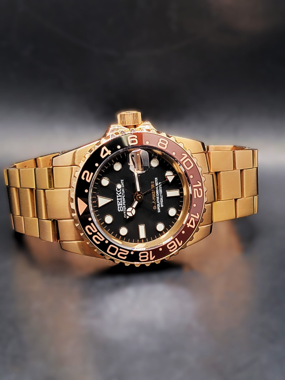 CUSTOM PREMIER MOD (SEIKO ROOTBEER GMT) BLACK DIAL, ROSE GOLD S.S.BRACELET, NH34GMT AUTOMATIC NEW **IN STOCK, SERIOUS INQUIRIES ONLY PLEASE!**