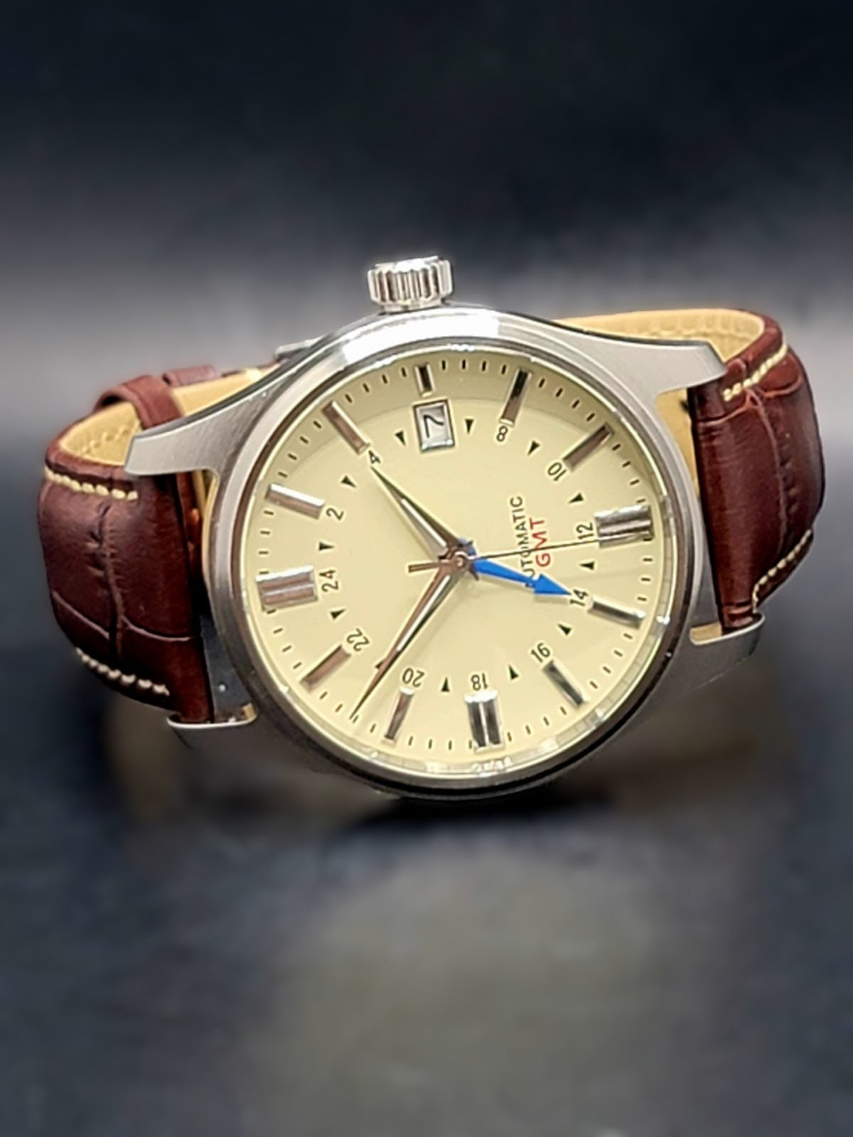 Sterile MOD 40mm Cream Dial GMT - Brown Leather = Sapphire NH34 GMT Automatic Men Watch NEW