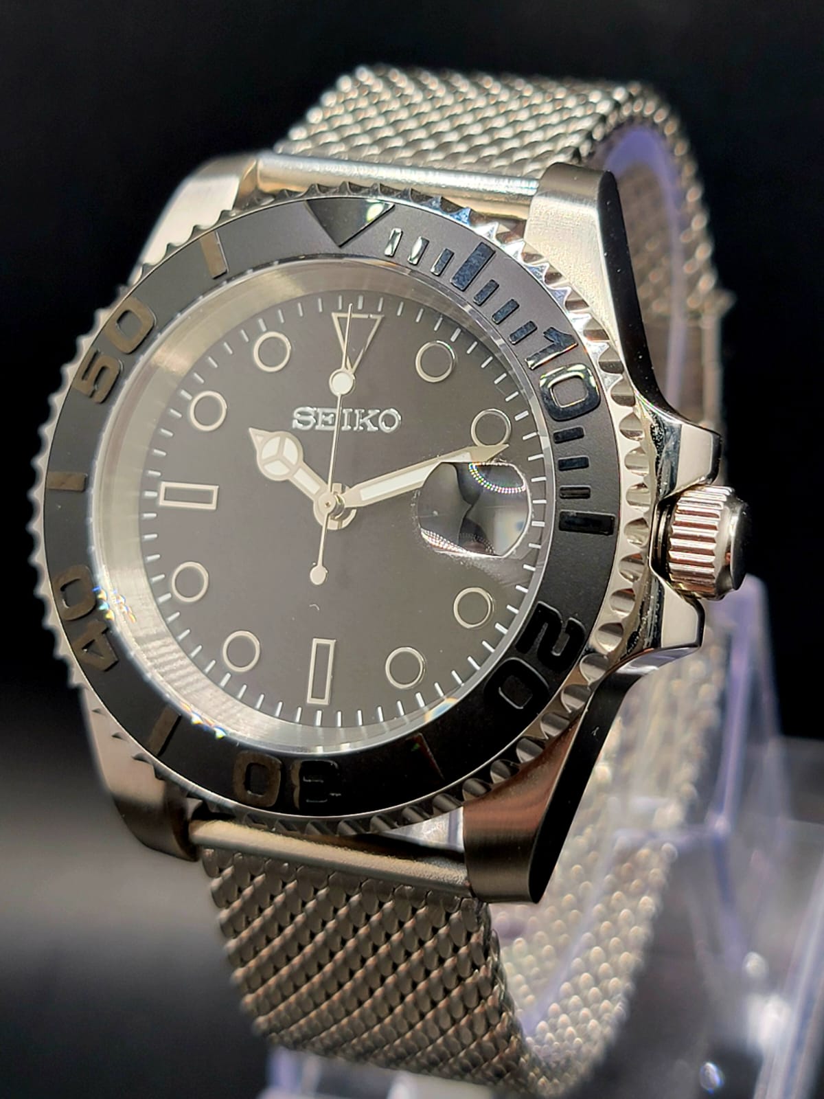 CUSTOM MOD SEIKO BLACK DIAL AND SS MESH BAND NH35 AUTO