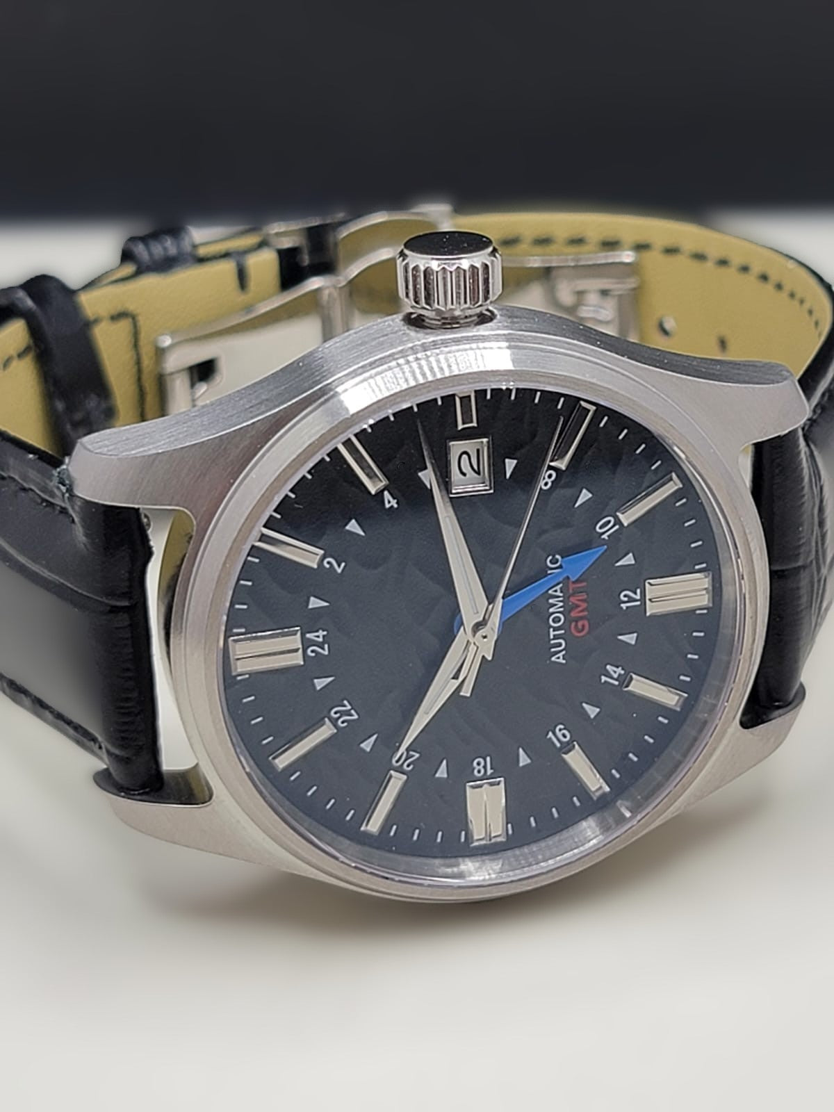 Sterile MOD 40mm Black Dial GMT - Black Leather - Sapphire NH34 GMT Automatic Men Watch NEW