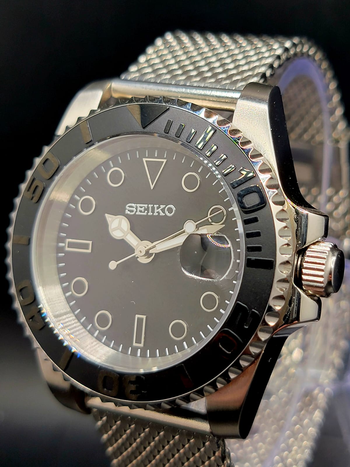 CUSTOM MOD SEIKO BLACK DIAL AND SS MESH BAND NH35 AUTO