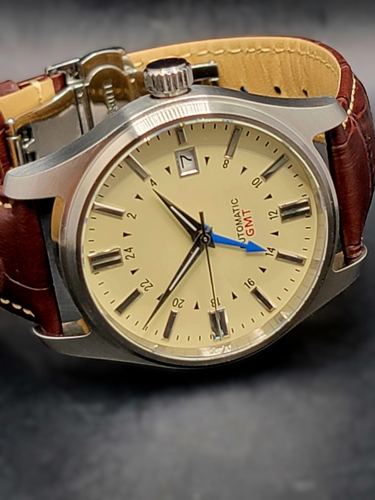 Sterile MOD 40mm Cream Dial GMT - Brown Leather = Sapphire NH34 GMT Automatic Men Watch NEW