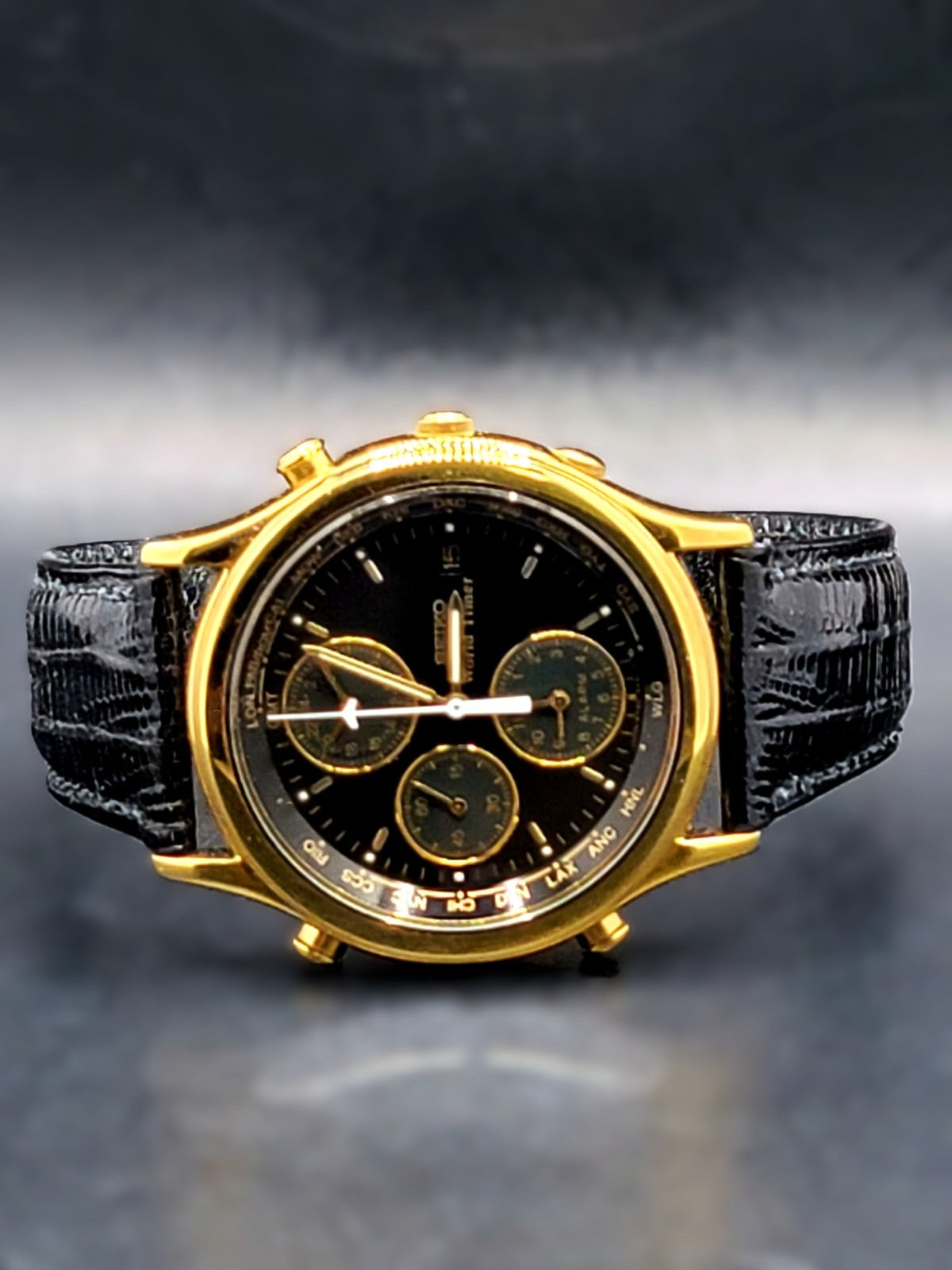Vintage Rare*** Seiko World Timer Alarm Watch 38mm Sub Dials 5T52-6A38 New Battery