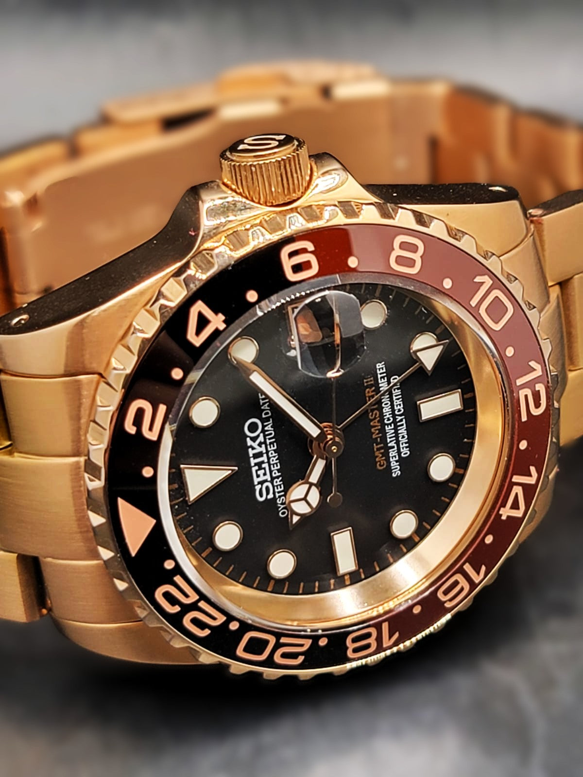 CUSTOM PREMIER MOD (SEIKO ROOTBEER GMT) BLACK DIAL, ROSE GOLD S.S.BRACELET, NH34GMT AUTOMATIC NEW **IN STOCK, SERIOUS INQUIRIES ONLY PLEASE!**