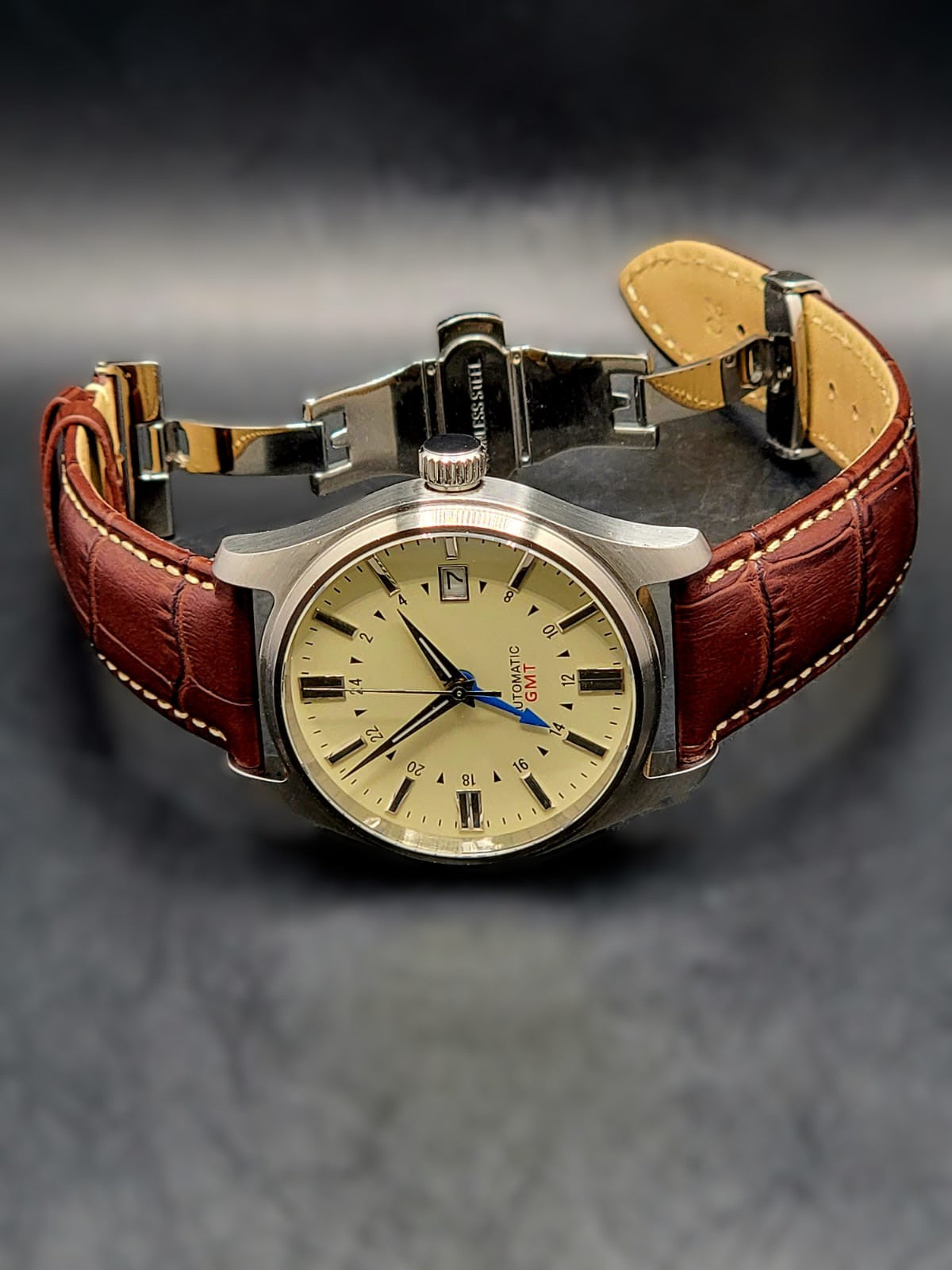 Sterile MOD 40mm Cream Dial GMT - Brown Leather = Sapphire NH34 GMT Automatic Men Watch NEW