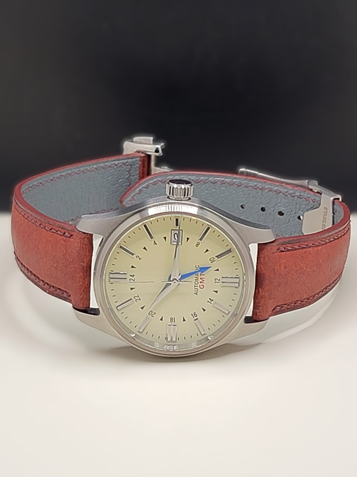 Sterile MOD 40mm Cream Dial GMT **UPGRADED HIGH-QUALITY HAND-MADE LEATHER AND SUEDE BAND**- Sapphire NH34 GMT Automatic Men Watch NEW **INQUIRE FOR PRICING**