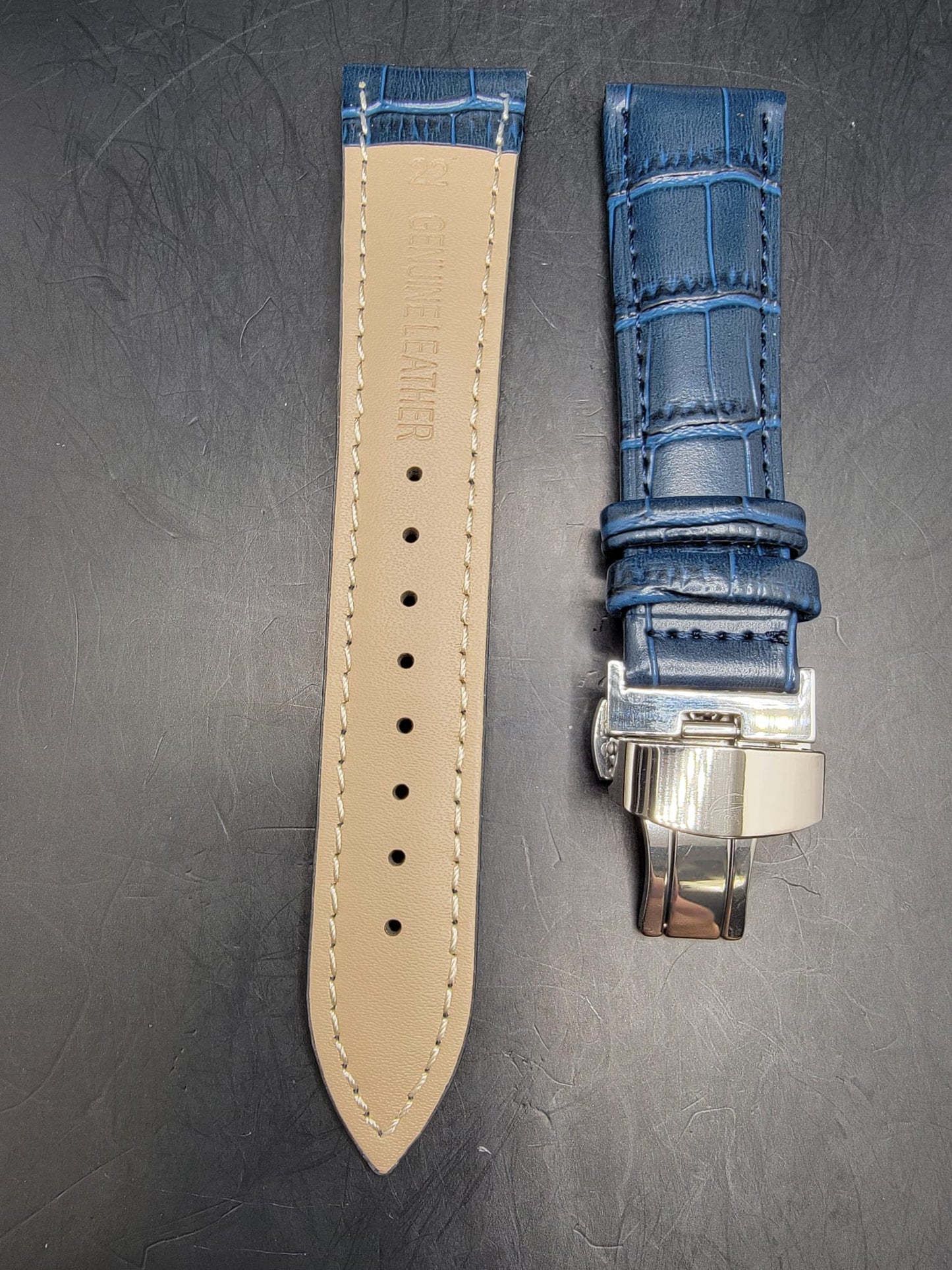 LEATHER BAND - NAVY - MID LEVEL LEATHER - POLISHED SILVER BUTTERLY