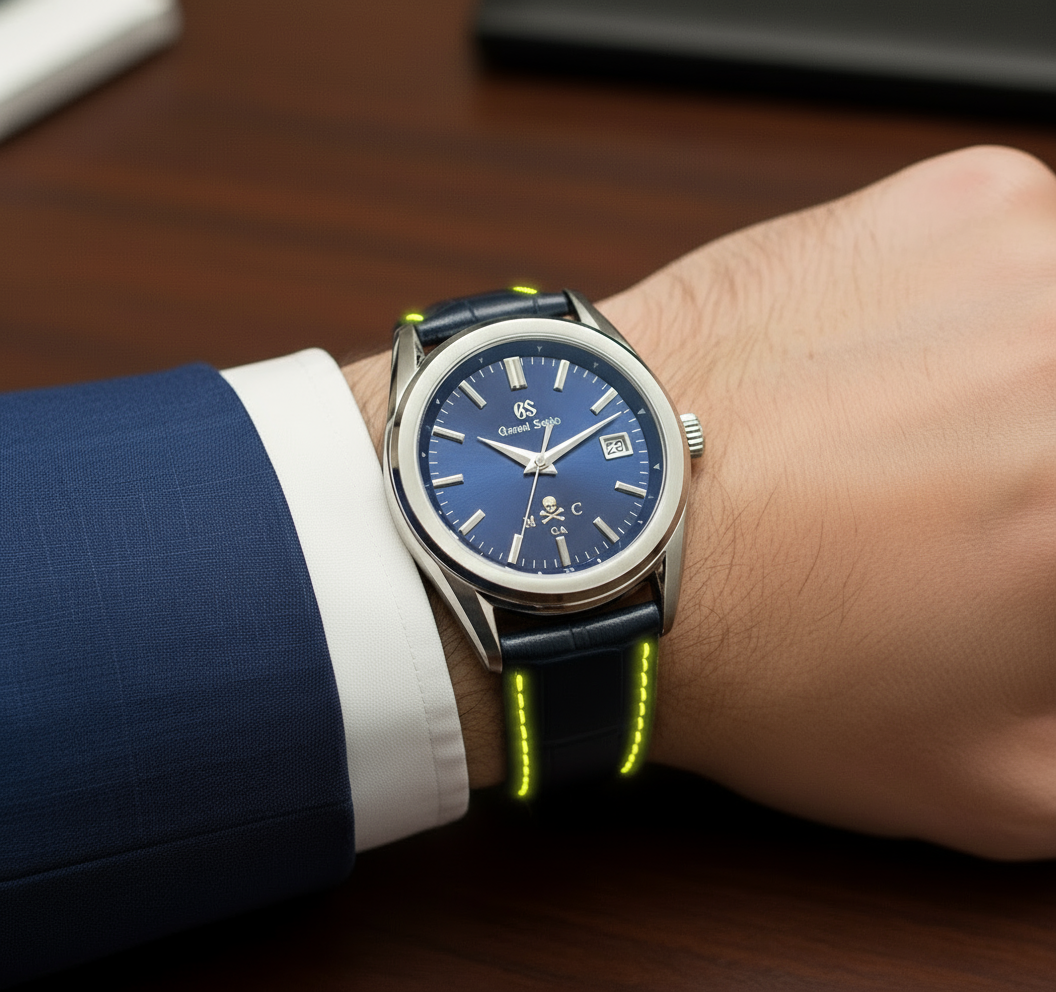 CUSTOM PREMIER MOD (GRAND SEIKO) MEDICAL COLLEGE of GA SKULL and CROSSBONES LOGO, CUSTOMIZE HAND-MADE NAVY BLUE LEATHER WITH YELLOW LINER AND STITCHING, POLISHED BUTTERFLY DEPLOYMENT CLASP, NH35 AUTOMATIC **BUILD TO ORDER***