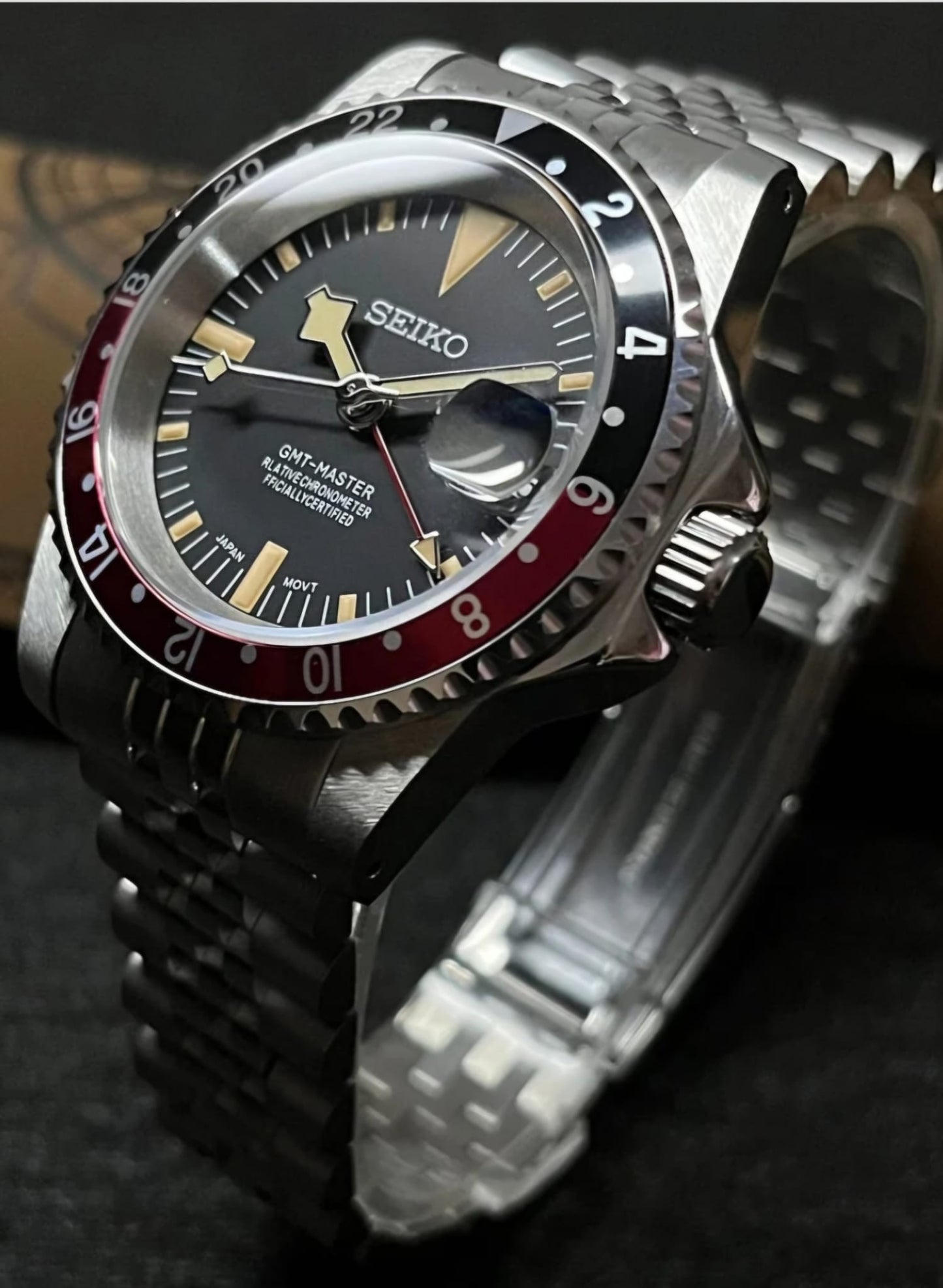 CUSTOM MOD (SEIKO VINTAGE COKE TUDOR GMT) S.S.BRACELET, NH34GMT AUTOMATIC NEW