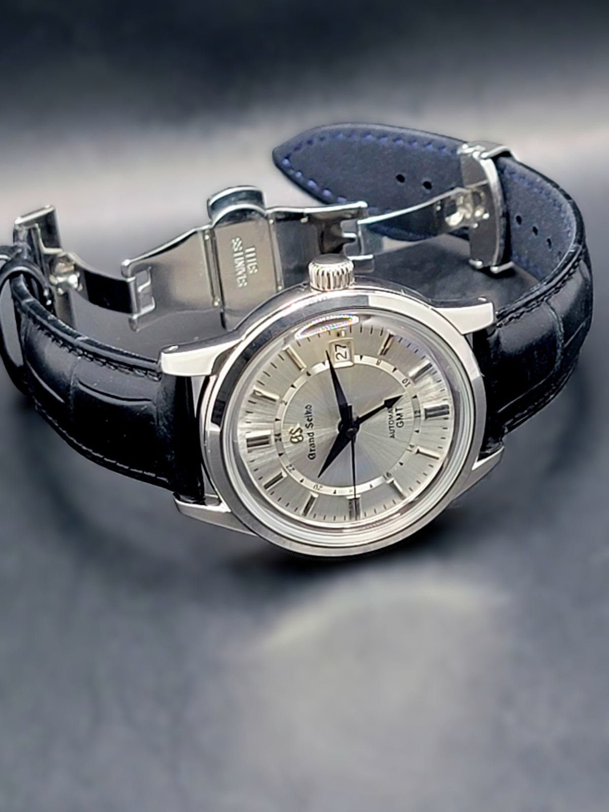 CUSTOM MOD (GRAND SEIKO ELEGANCE GMT MONOCHROME) SILVER DIAL WITH BLACK GMT HAND & BLACK LEATHER STRAP AUTO NH34GMT NEW