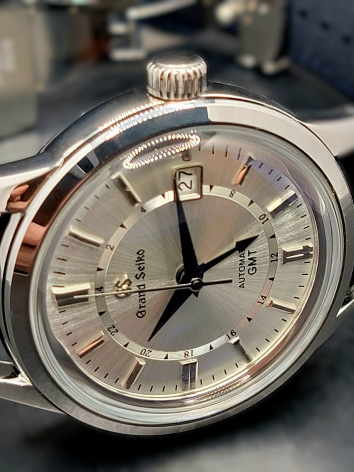 CUSTOM MOD (GRAND SEIKO ELEGANCE GMT MONOCHROME) SILVER DIAL WITH BLACK GMT HAND & BLACK LEATHER STRAP AUTO NH34GMT NEW