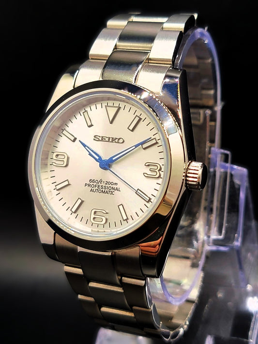 CUSTOM SEIKO MOD EXPLORER - 38MM CASE - BLUE HANDS IN WHITE DIAL