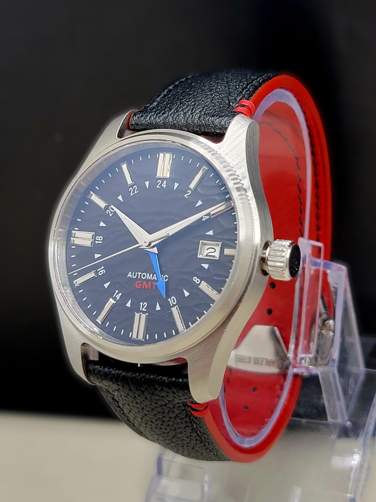 Sterile MOD 40mm Black Dial GMT **UPGRADED HIGH-QUALITY HAND-MADE BLACK / RED LEATHER BAND**- Sapphire NH34 GMT Automatic Men Watch NEW **INQUIRE FOR PRICING**