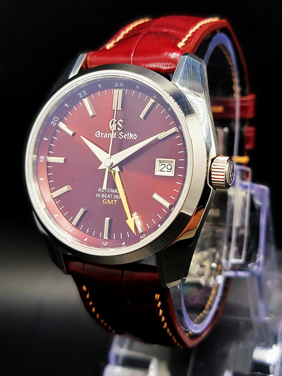 CUSTOM PREMIER LIMITLESS MOD (GRAND SEIKO HERITAGE GMT) BURGANDY DIAL, CUSTOM HANDMADE LEATHER BAND WITH BUTTERFLY CLASP, NH34GMT AUTOMATIC NEW **BUILD TO ORDER, SERIOUS INQUIRES ONLY PLEASE**