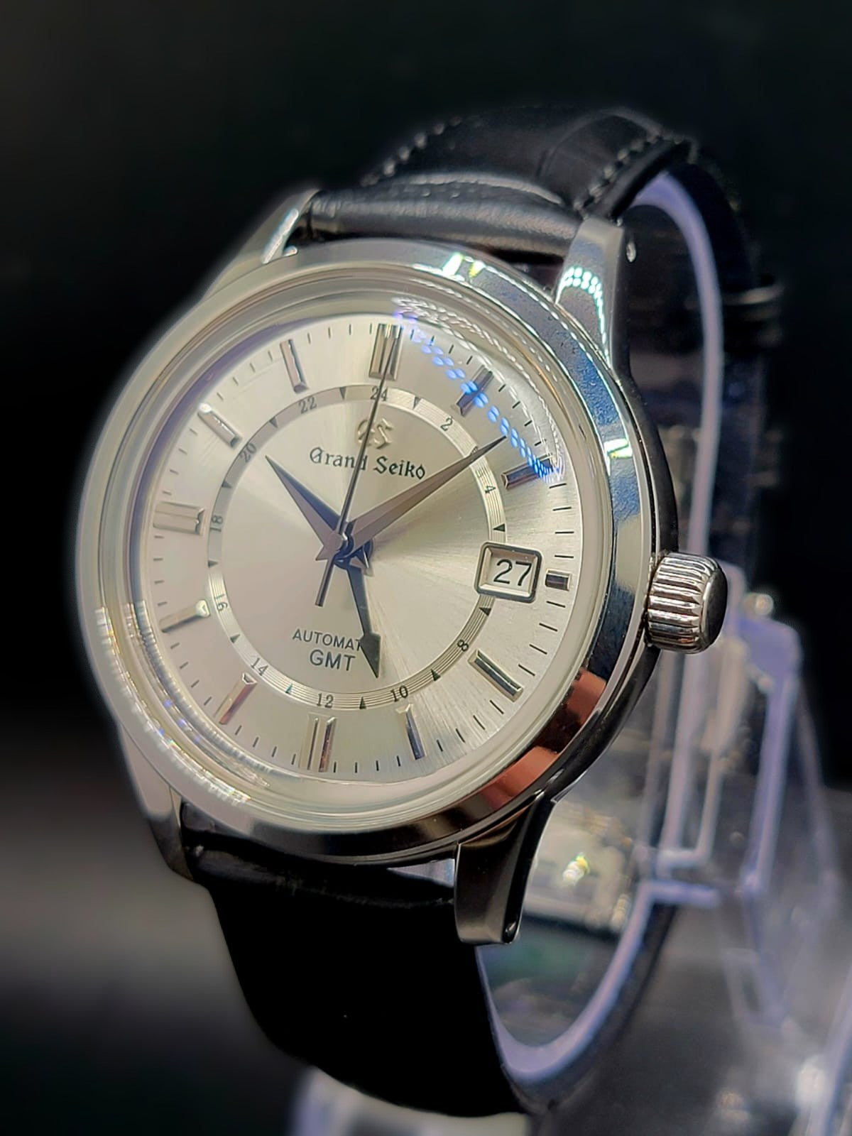 CUSTOM MOD (GRAND SEIKO ELEGANCE GMT MONOCHROME) SILVER DIAL WITH BLACK GMT HAND & BLACK LEATHER STRAP AUTO NH34GMT NEW