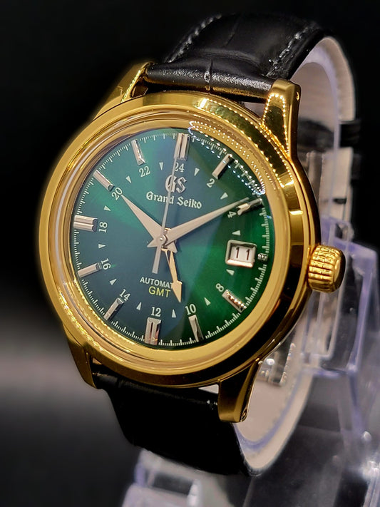 CUSTOM MOD (GRAND SEIKO ELEGANCE GMT) GREEN DIAL AND GOLD CASE WITH BLACK GMT LEATHER STRAP AUTO NH34 NEW