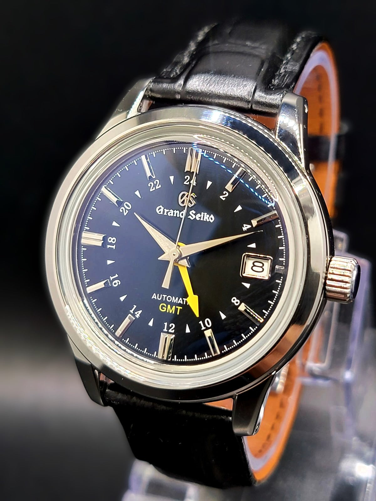 CUSTOM MOD (GRAND SEIKO ELEGANCE GMT) BLACK DIAL LEATHER BAND AUTO NH34GMT NEW