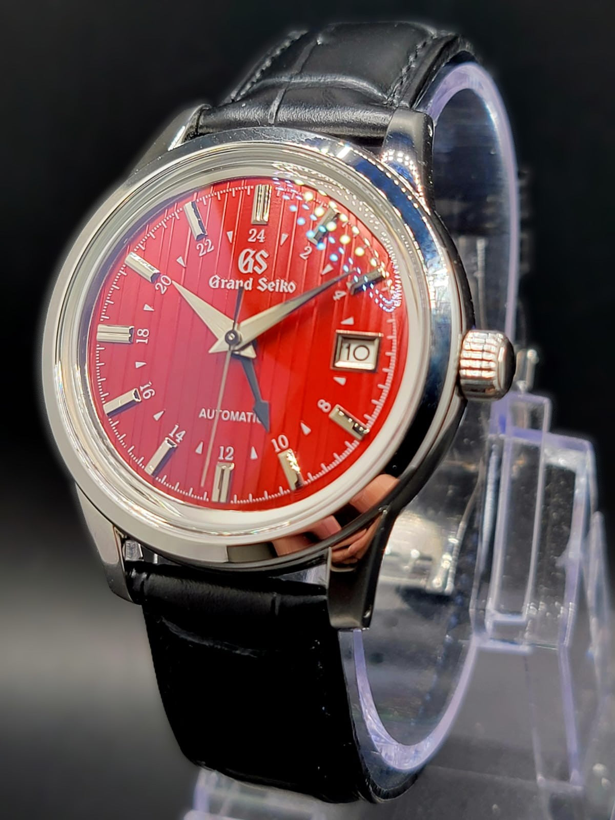 CUSTOM MOD (GRAND SEIKO ELEGANCE GMT) BURGANDY DIAL WITH BLACK GMT LEATHER STRAP AUTO NH34 NEW