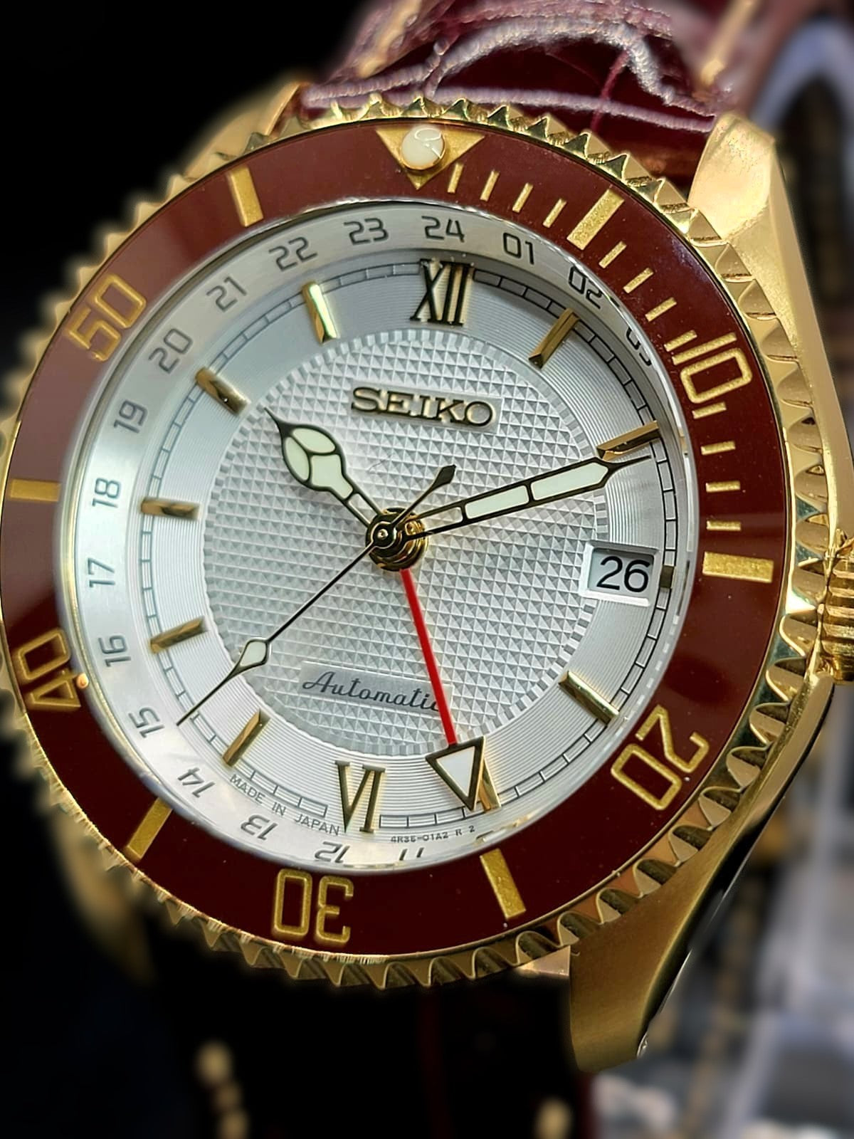 CUSTOM SEIKO MOD - ROMAN WHITE n BURGUNDY GOLD - LIMITED EDITION WHILE SUPPLIES LAST