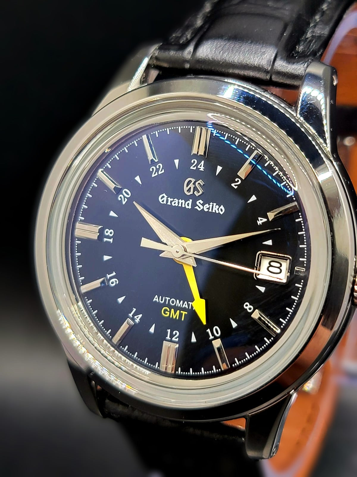 CUSTOM MOD (GRAND SEIKO ELEGANCE GMT) BLACK DIAL LEATHER BAND AUTO NH34GMT NEW