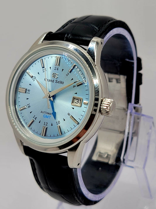 CUSTOM MOD (GRAND SEIKO ELEGANCE GMT) LT BLUE DIAL LEATHER STRAP AUTO NH34 NEW