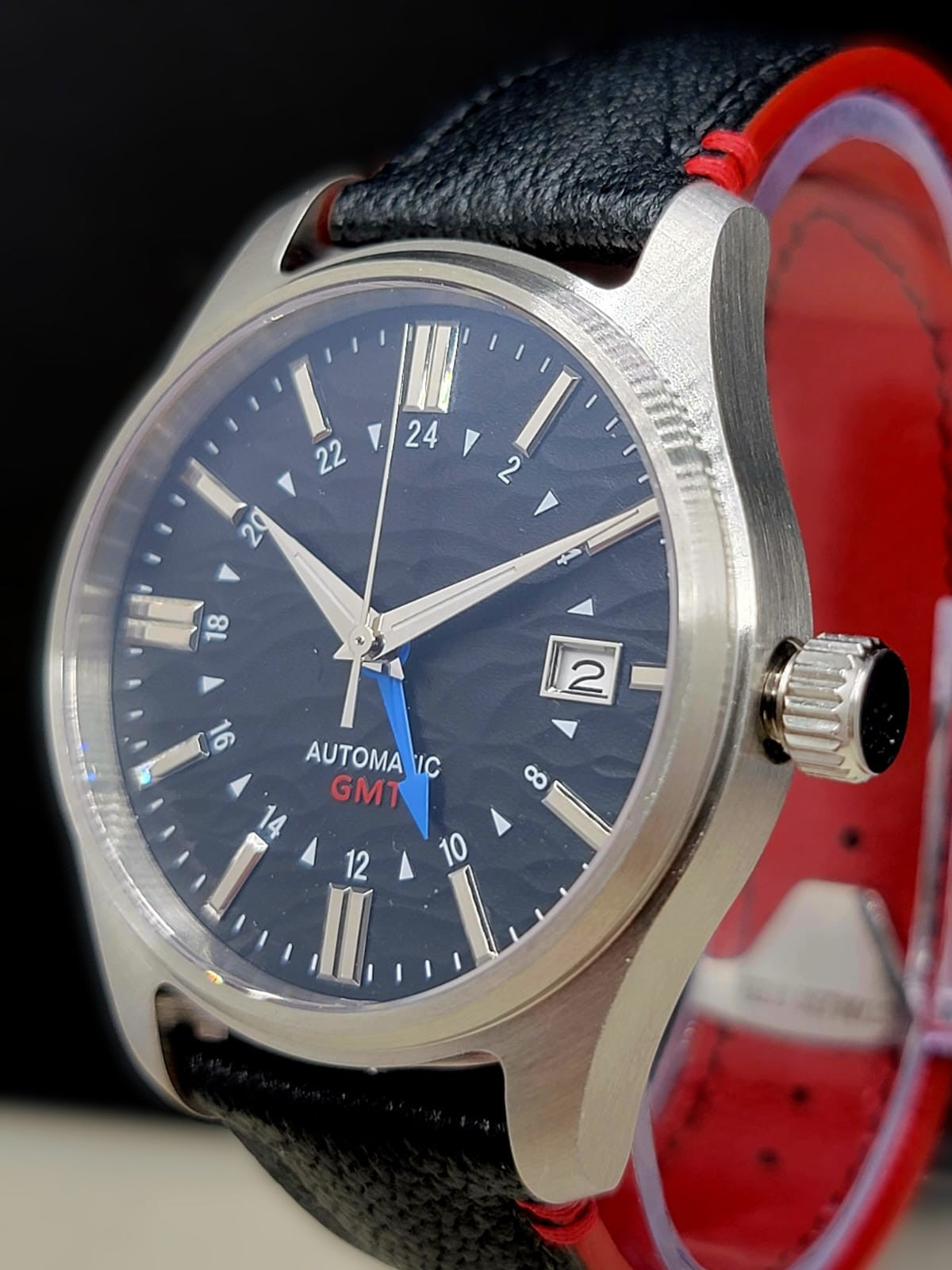 Sterile MOD 40mm Black Dial GMT **UPGRADED HIGH-QUALITY HAND-MADE BLACK / RED LEATHER BAND**- Sapphire NH34 GMT Automatic Men Watch NEW **INQUIRE FOR PRICING**
