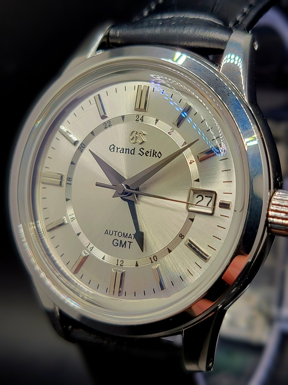 CUSTOM MOD (GRAND SEIKO ELEGANCE GMT MONOCHROME) SILVER DIAL WITH BLACK GMT HAND & BLACK LEATHER STRAP AUTO NH34GMT NEW