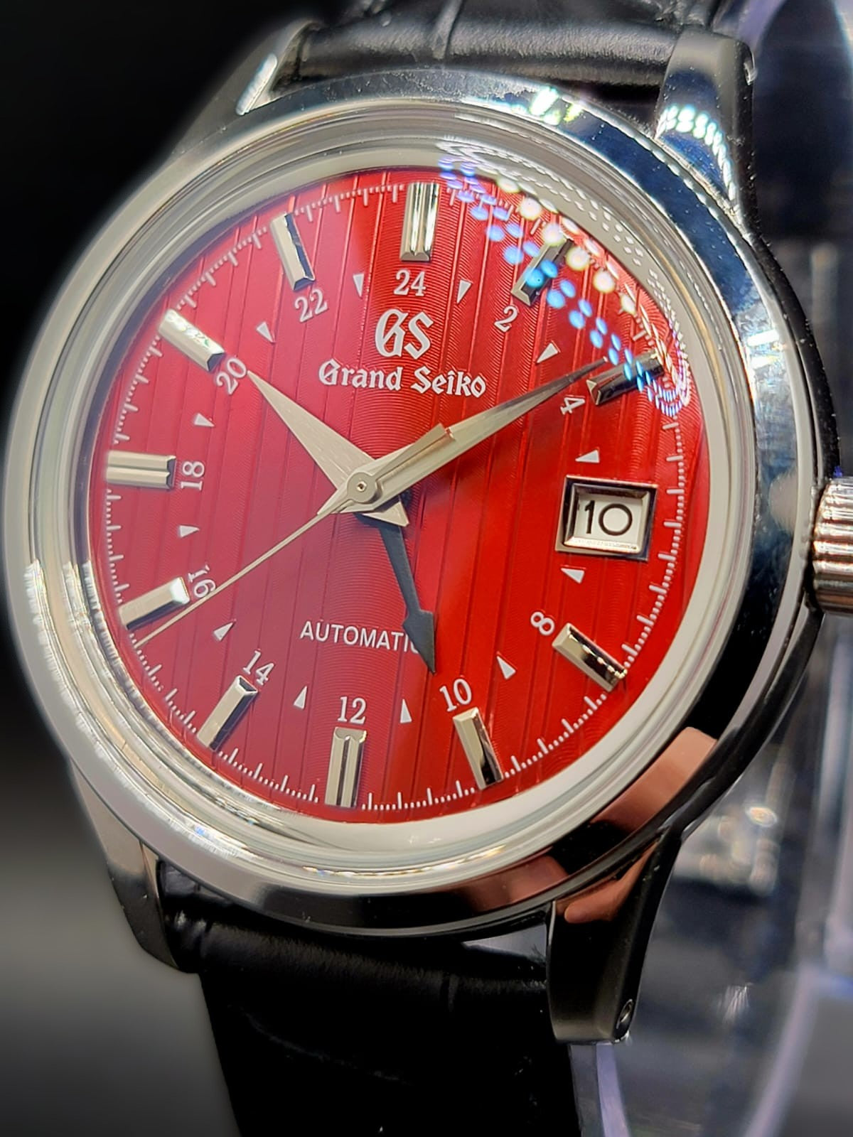 CUSTOM MOD (GRAND SEIKO ELEGANCE GMT) BURGANDY DIAL WITH BLACK GMT LEATHER STRAP AUTO NH34 NEW