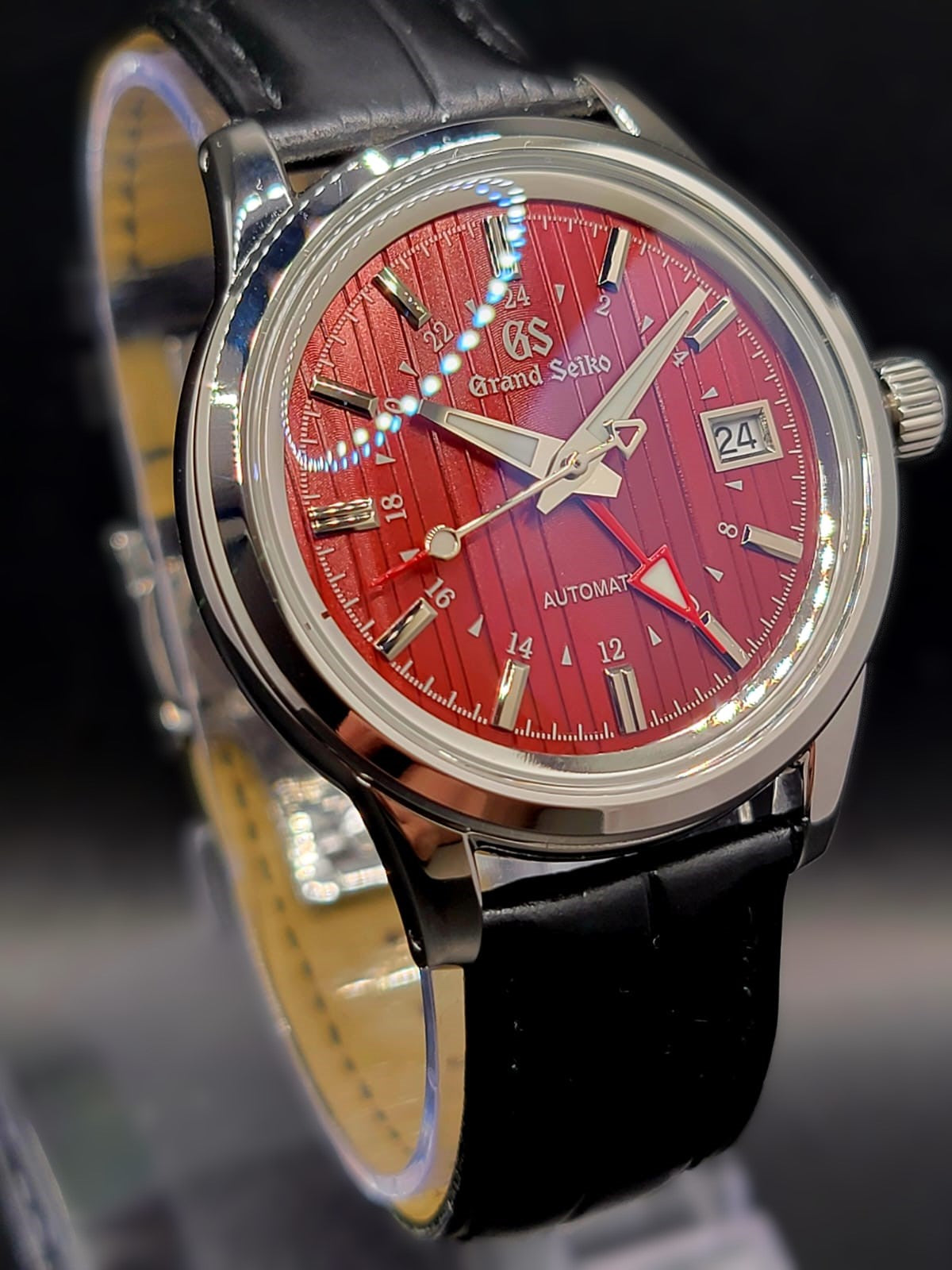 CUSTOM MOD (GRAND SEIKO ELEGANCE GMT) BURGANDY DIAL LEATHER STRAP AUTO NH34 NEW