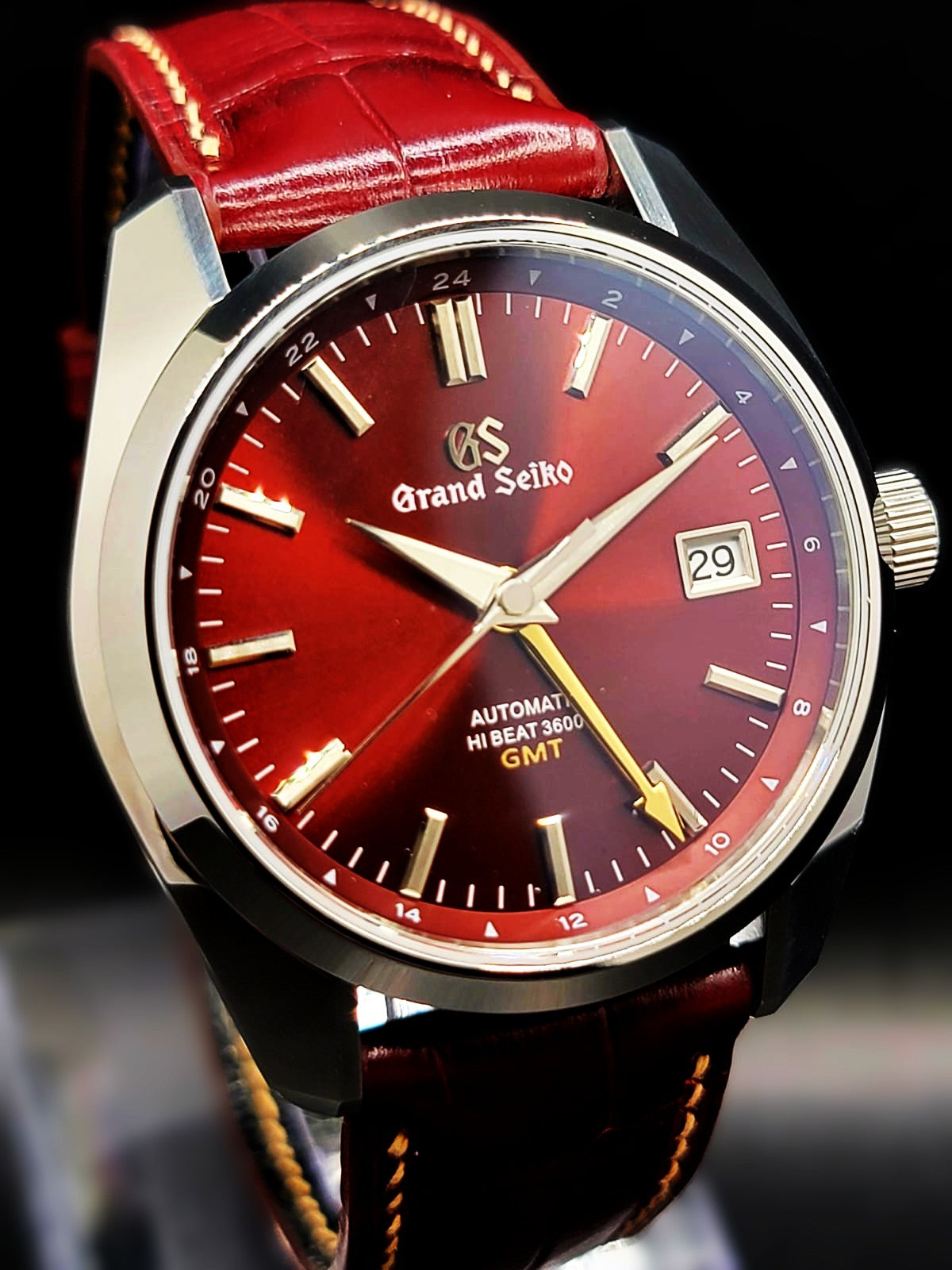 CUSTOM PREMIER LIMITLESS MOD (GRAND SEIKO HERITAGE GMT) BURGANDY DIAL, CUSTOM HANDMADE LEATHER BAND WITH BUTTERFLY CLASP, NH34GMT AUTOMATIC NEW **BUILD TO ORDER, SERIOUS INQUIRES ONLY PLEASE**