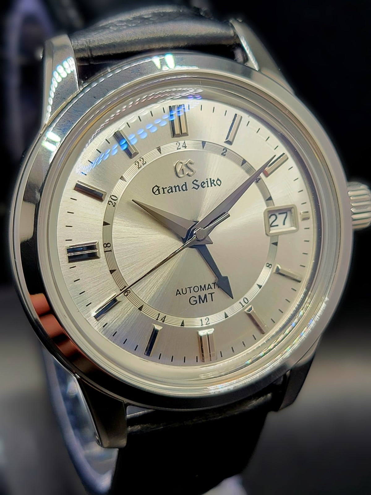 CUSTOM MOD (GRAND SEIKO ELEGANCE GMT MONOCHROME) SILVER DIAL WITH BLACK GMT HAND & BLACK LEATHER STRAP AUTO NH34GMT NEW
