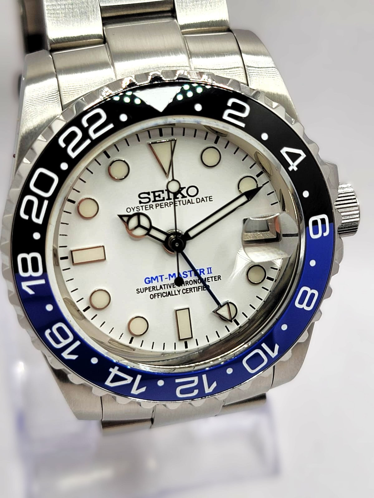 CUSTOM PREMIER MOD (SEIKO ICED BATMAN GMT) WHITE DIAL, S.S.BRACELET, NH34GMT AUTOMATIC NEW **BUILD TO ORDER, SERIOUS INQUIRIES ONLY PLEASE!**