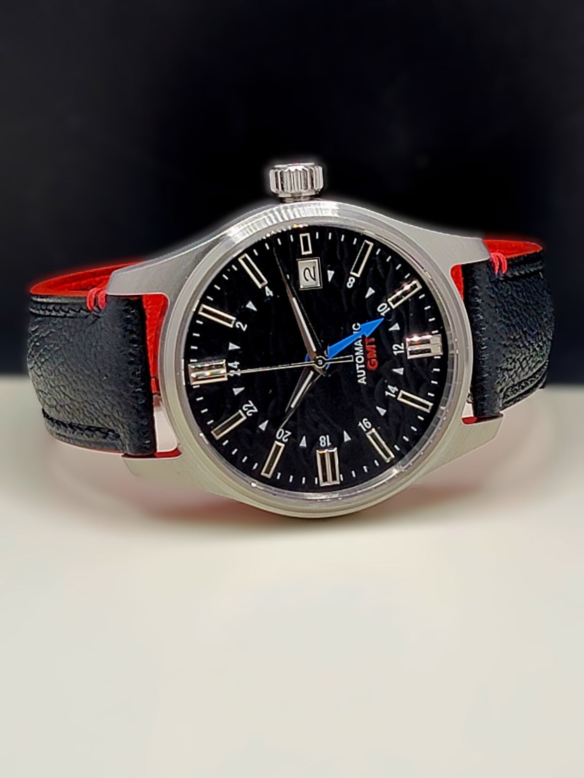 Sterile MOD 40mm Black Dial GMT **UPGRADED HIGH-QUALITY HAND-MADE BLACK / RED LEATHER BAND**- Sapphire NH34 GMT Automatic Men Watch NEW **INQUIRE FOR PRICING**
